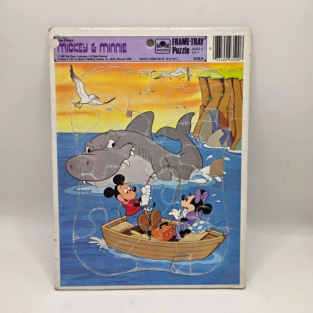 Golden Frame-Tray Puzzle Kids Blue Mickey Minnie Fishing Shark Vintage 1983 Toy